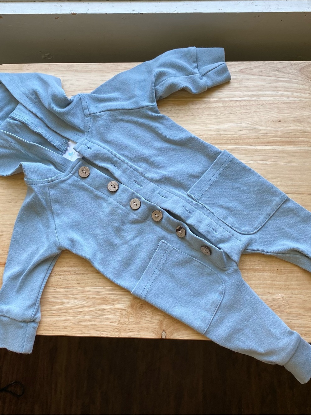 Little one shop hooded button blue cotton sleeper bodysuit 3 months